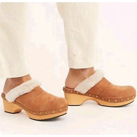 Free People Chalet Clog Suede Leather Genuine Shearling Trim Tan Boho Us 8/Eu 38 - Picture 1 of 7